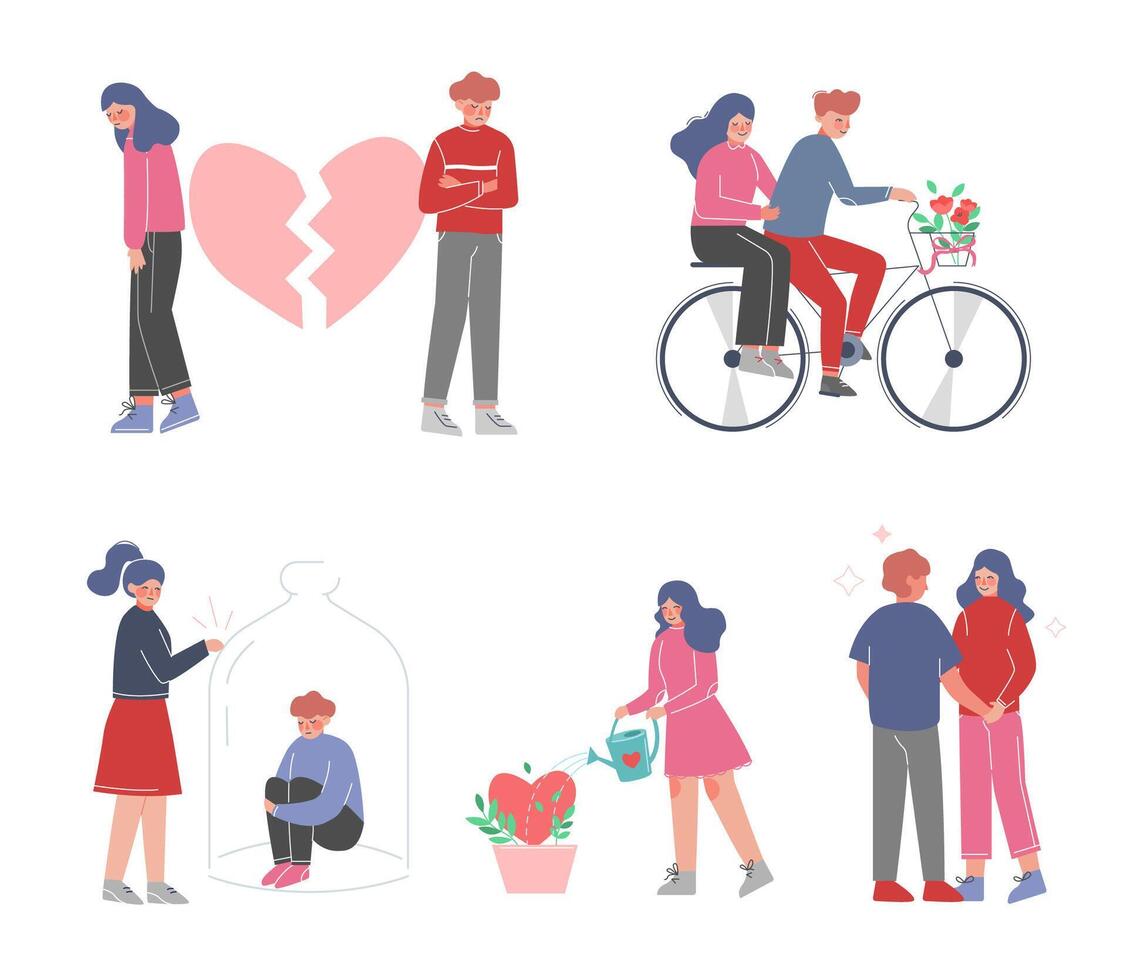 Loving Couples Relationships Set, Couple on Romantic Date, Unrequited or Rejected Love Illustration vector