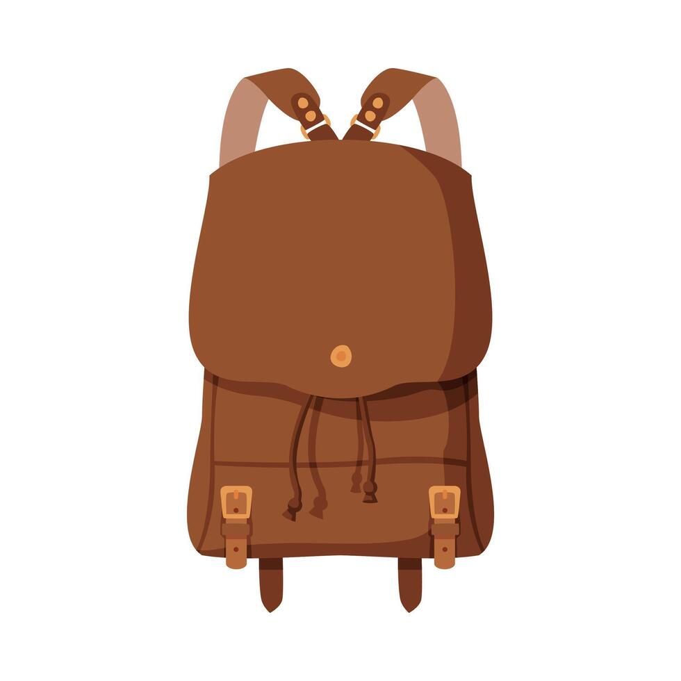 Brown Backpack, Front View of Schoolbag or Camping Backpack Flat Style Illustration on White Background vector