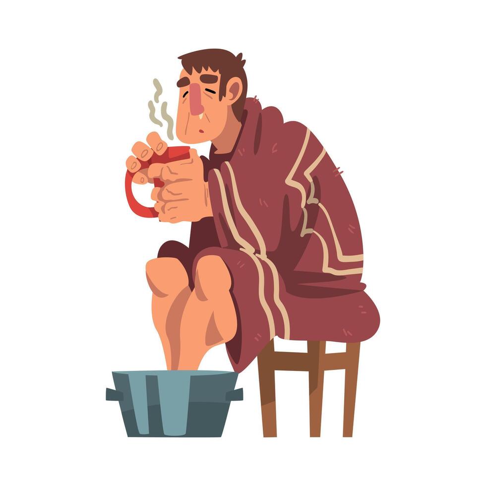 Man Catch Cold, Sick Guy with Mug in his Hands Heating his Feet in Basin with Hot Water Cartoon Illustration vector