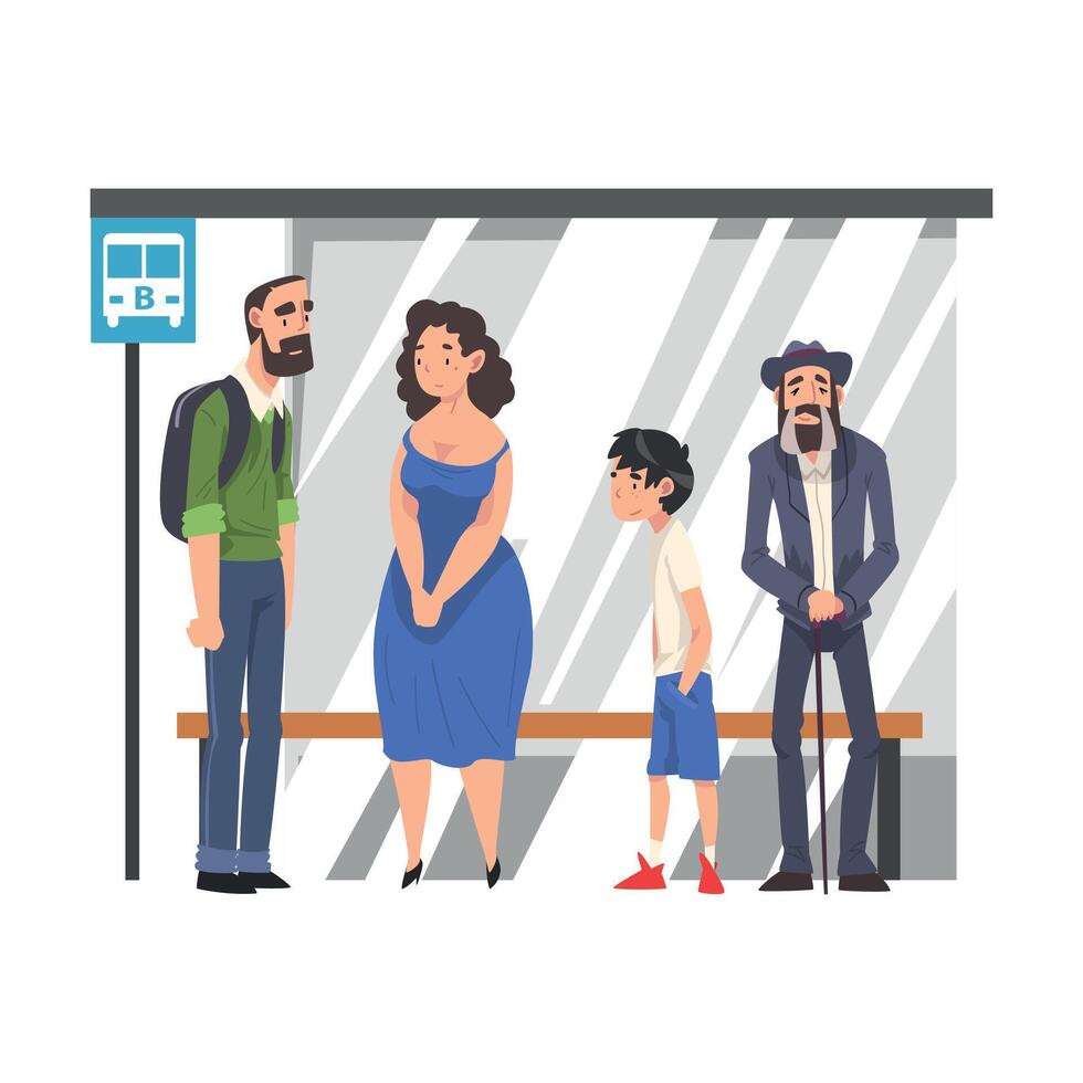 Group of People Waiting for Public Transportation at Bus Stop, Passengers Spending Time in Expectation at City Street Cartoon Illustration vector