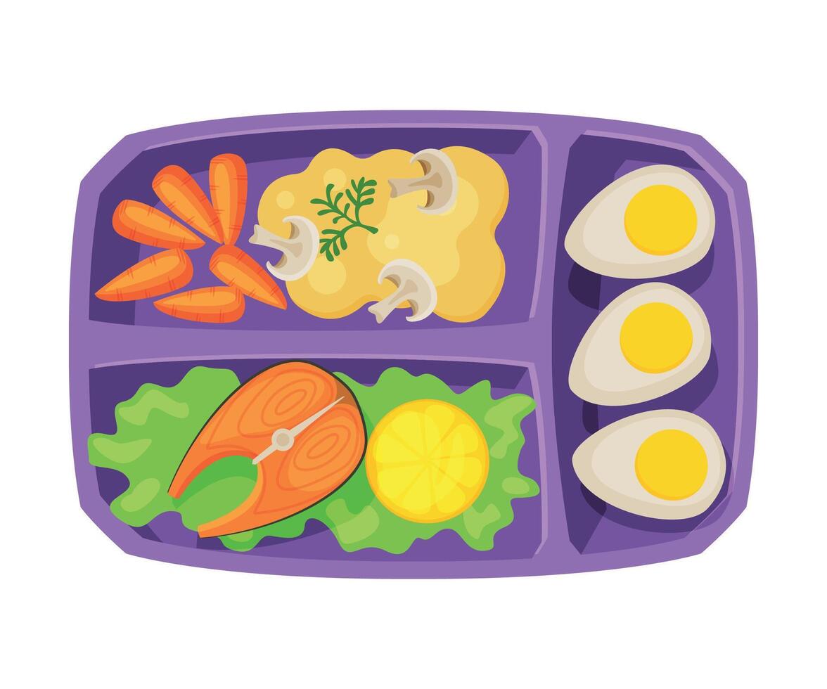 Meal Tray Filled with Salmon Fish, Egg and Vegetables, Healthy Food For Kids And Students, View from Above Flat Illustration vector