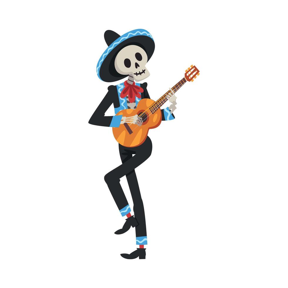 Male Skeleton in Mexican National Costume and Sombrero Hat Playing Guitar, Day of the Dead Dia de los Muertos Concept Illustration vector