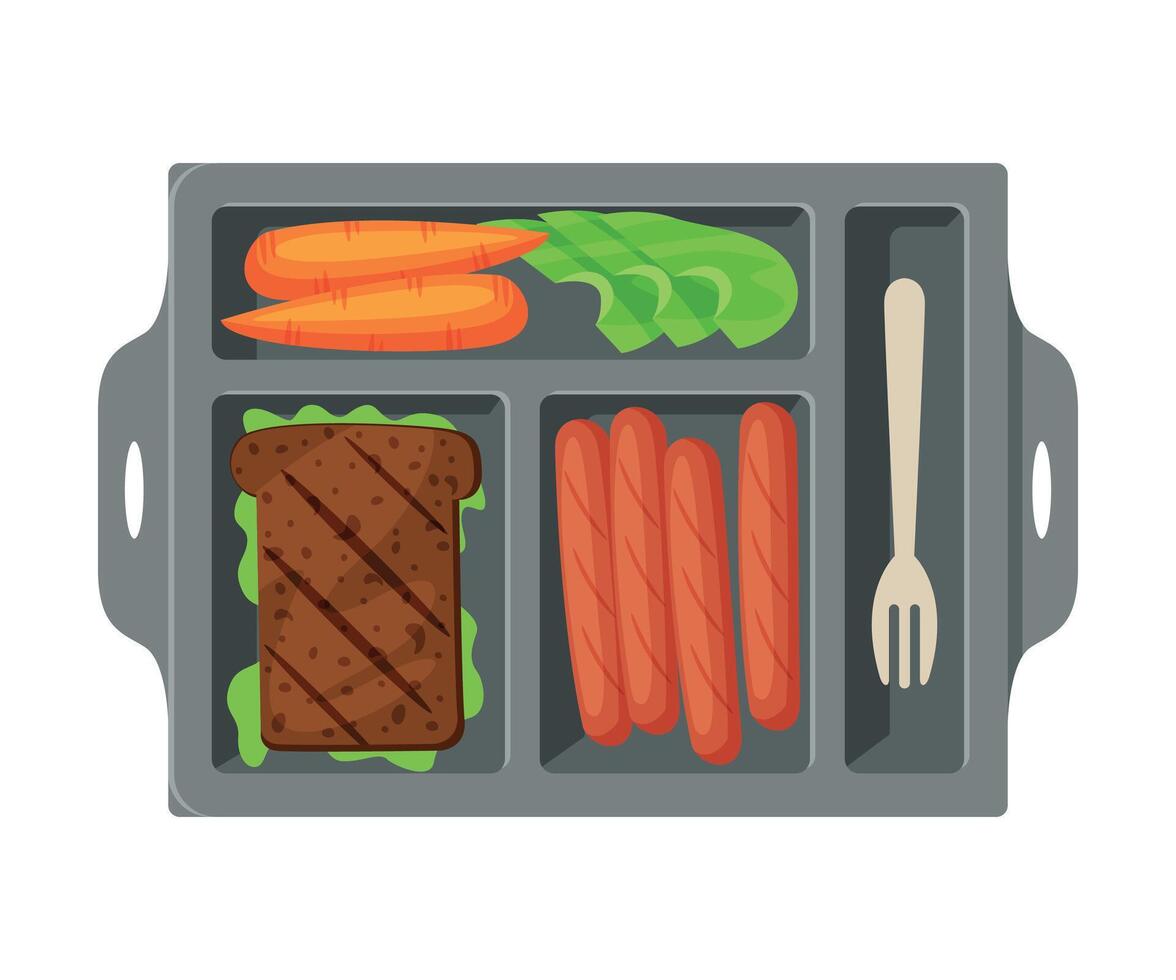 Meal Tray Filled with Sandwich, Sausages and Vegetables, Healthy Food For Kids And Students, View from Above Flat Illustration vector
