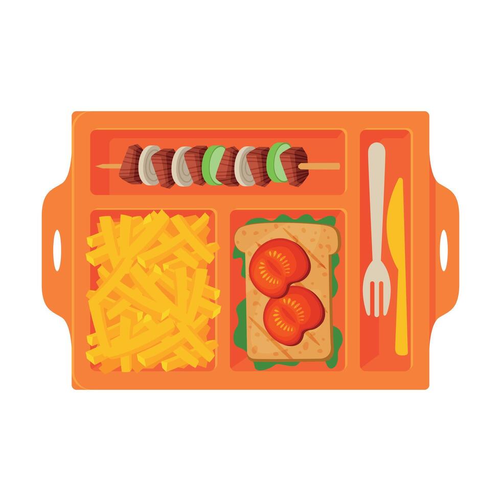 Meal Tray Filled with Sandwich, French Fries and Barbecue, Food For Kids And Students, View from Above Flat Illustration vector