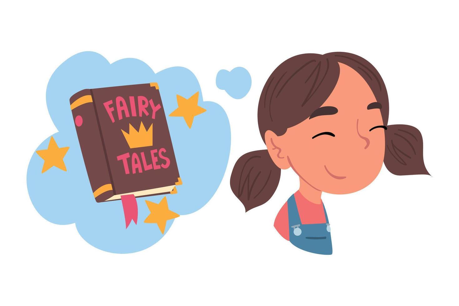 Girl Dreaming about Reading Fairy Tale Book, Human Thoughts and Needs Cartoon Style Illustration on White Background vector