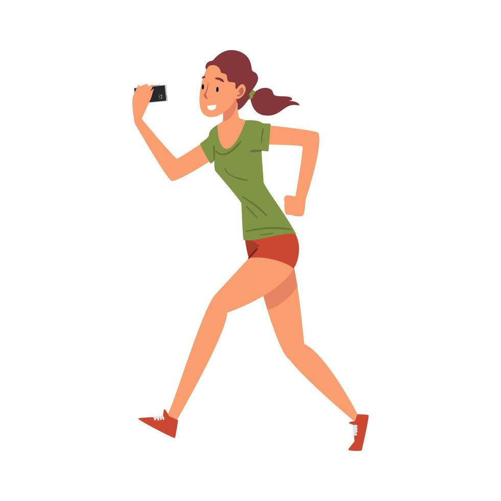 Beautiful Athlete Girl Taking Selfie Photo while Jogging, Young Woman Character Photographing Herself with Smartphone Cartoon Illustration vector