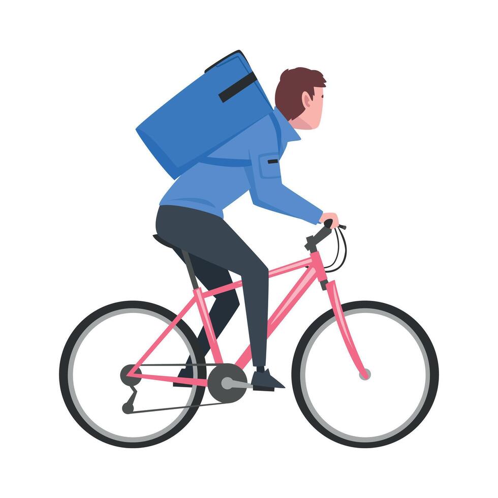 Male Courier Riding Bicycle with Blue Parcel Box on His Back, Delivery Food Service, Fast Shipping Cartoon Illustration vector