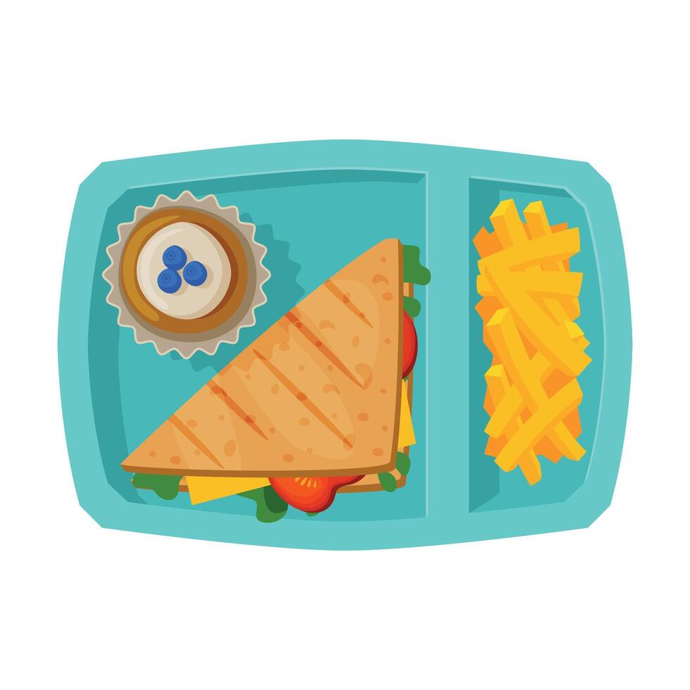 Meal Tray Filled with Sandwich, French Fries and Cupcake, Healthy Food For Kids And Students, View from Above Flat Illustration vector