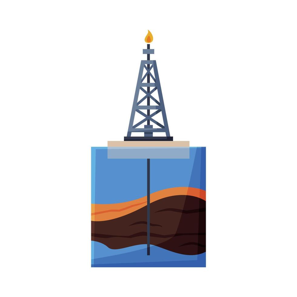 Oil Platform in the Sea, Drilling Rig Pumping Oil out of Borehole Flat Style Illustration on White Background vector