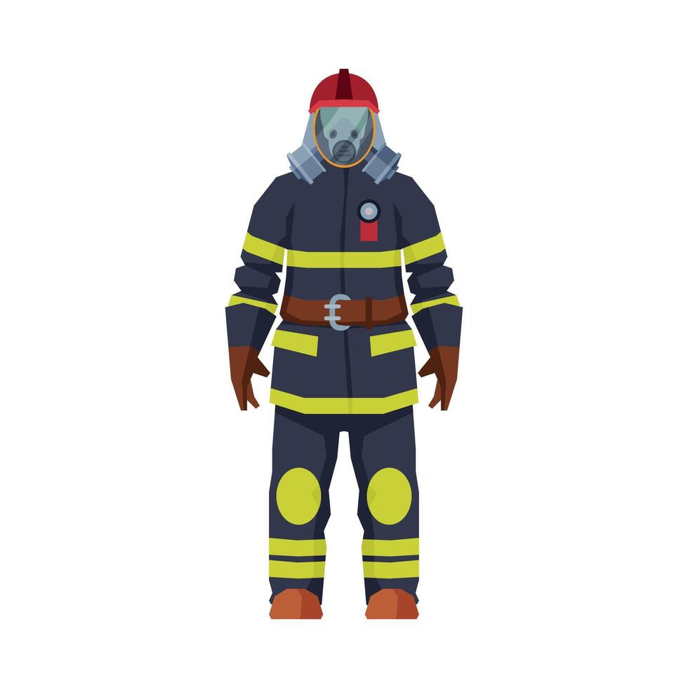 Rescue Firefighter, Fireman Character in Oxygen Mask and Black Uniform Flat Style Illustration on White Background vector