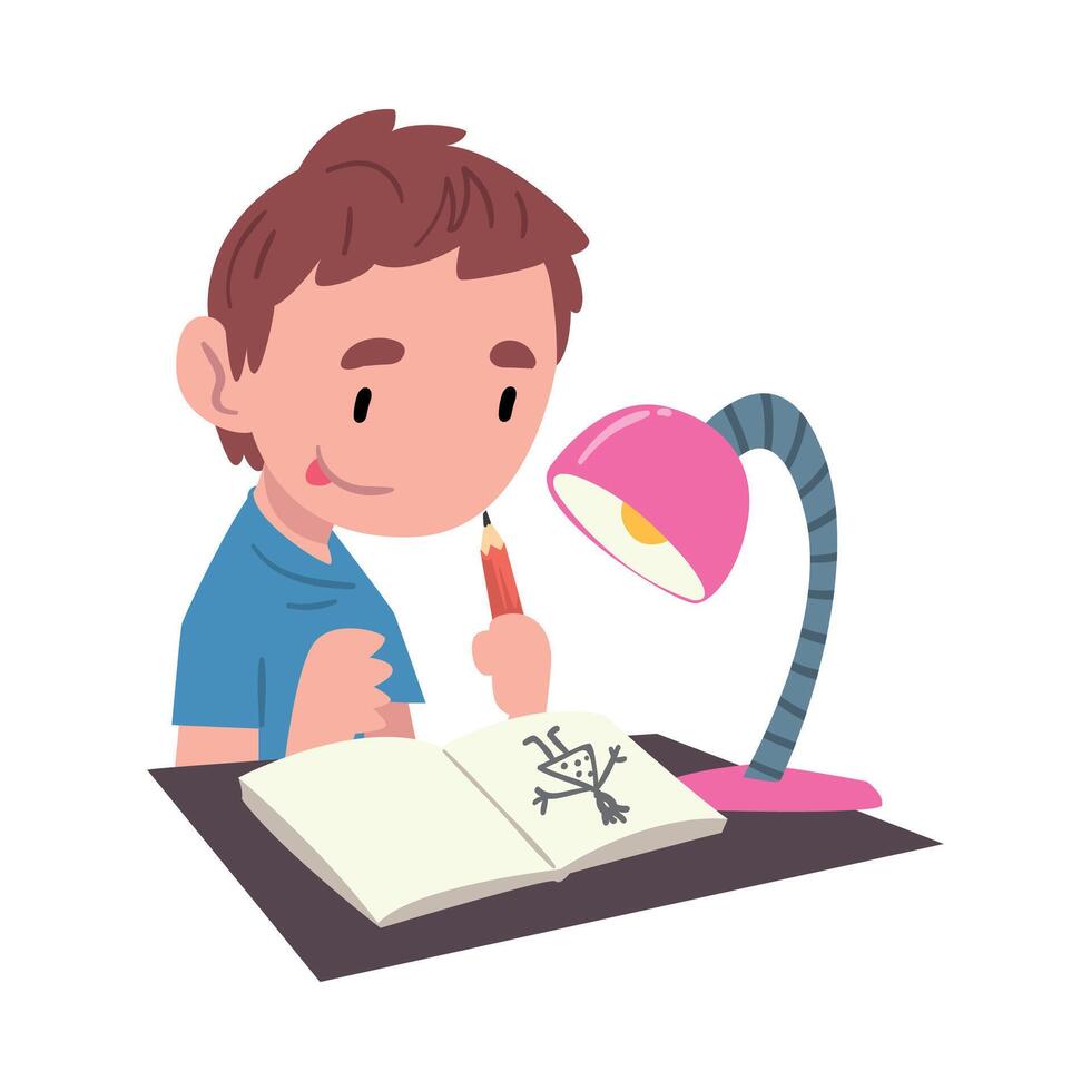 Boy Sitting at the Table and Drawing Picture, Cute Child Daily Routine Activity Cartoon Style Illustration on White Background vector