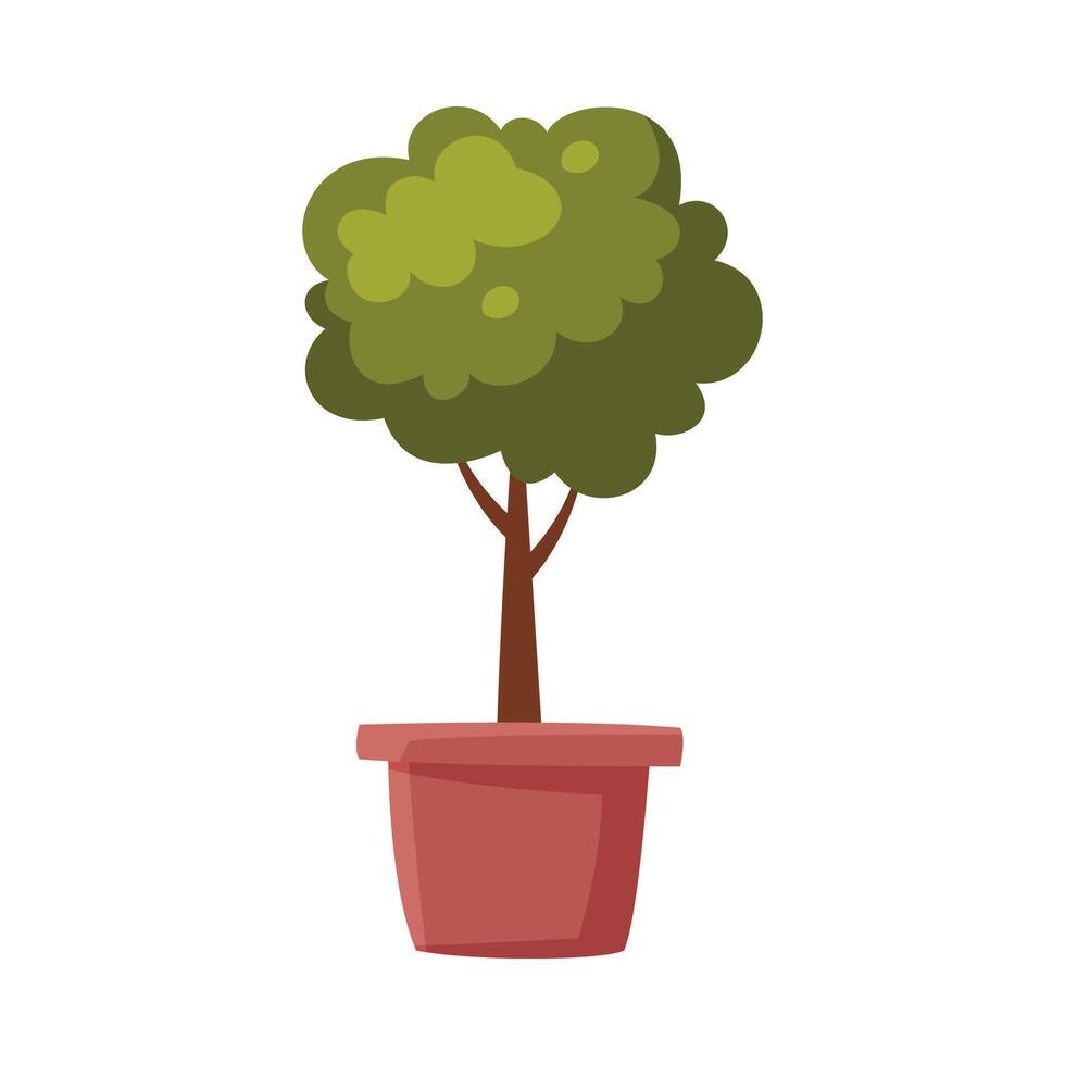 Miniature Tree in Flowerpot, Green Potted Plant Flat Style Illustration on White Background vector