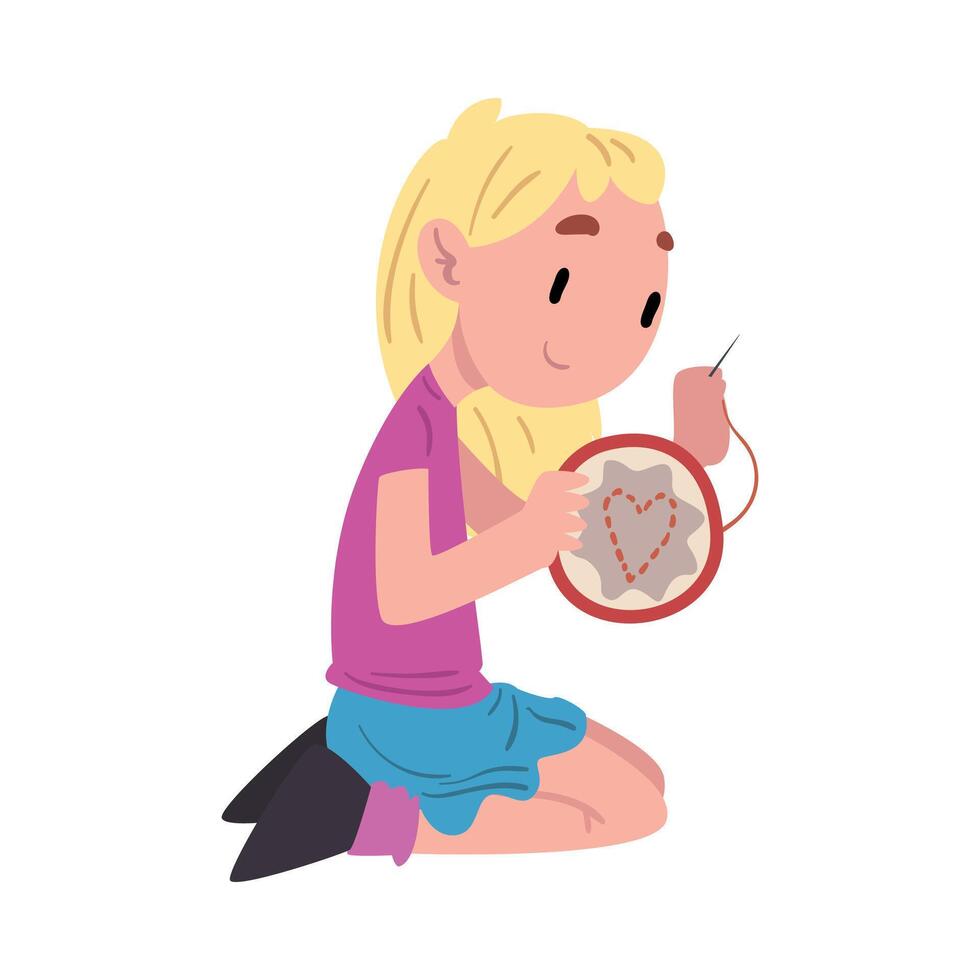 Cute Girl Sitting on the Floor and Embroidering, Child Daily Routine Activity Cartoon Style Illustration on White Background vector