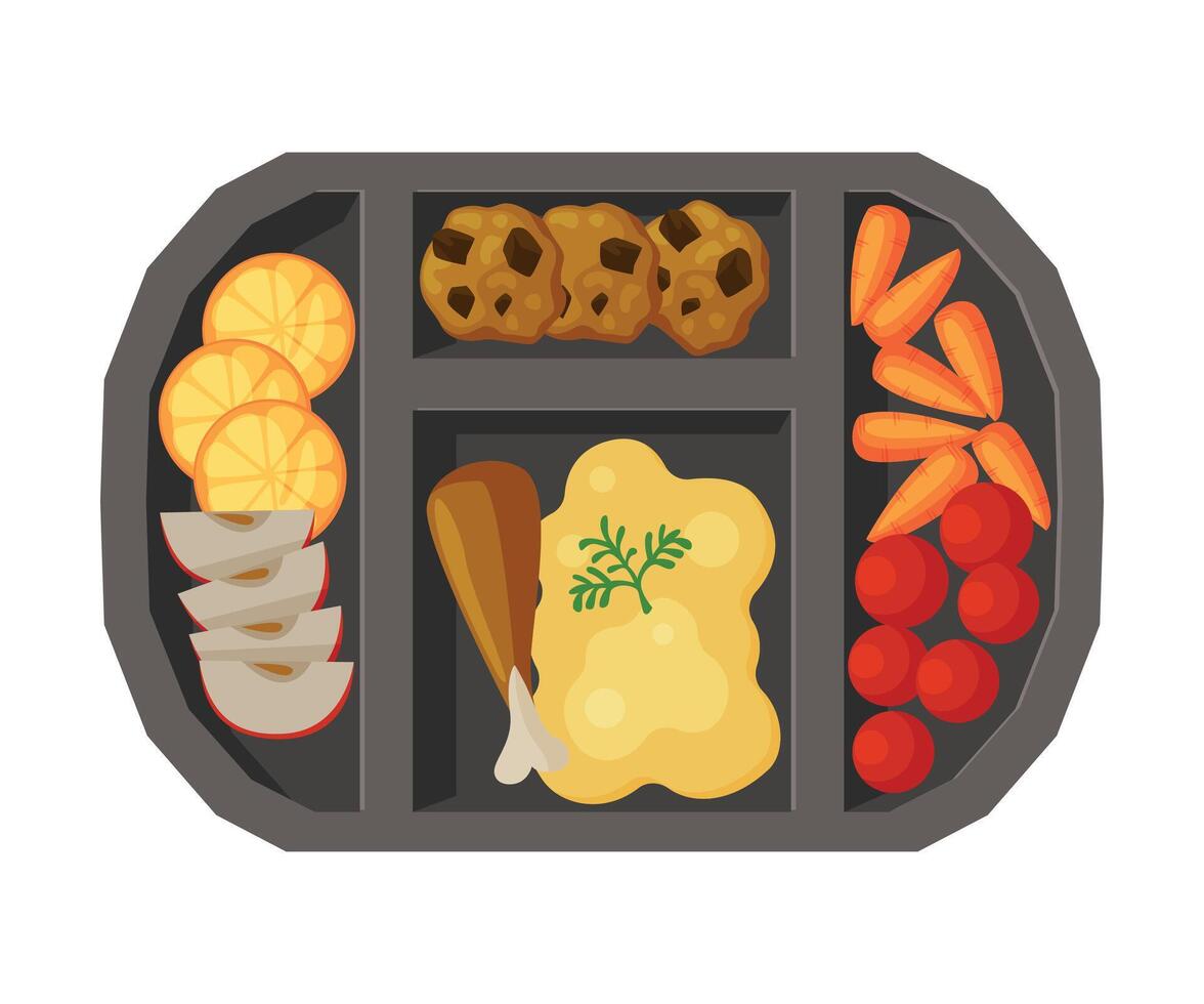 Meal Tray Filled with Mashed Potato, Chicken Drumstick and Vegetables, Healthy Food For Kids And Students, View from Above Flat Illustration vector