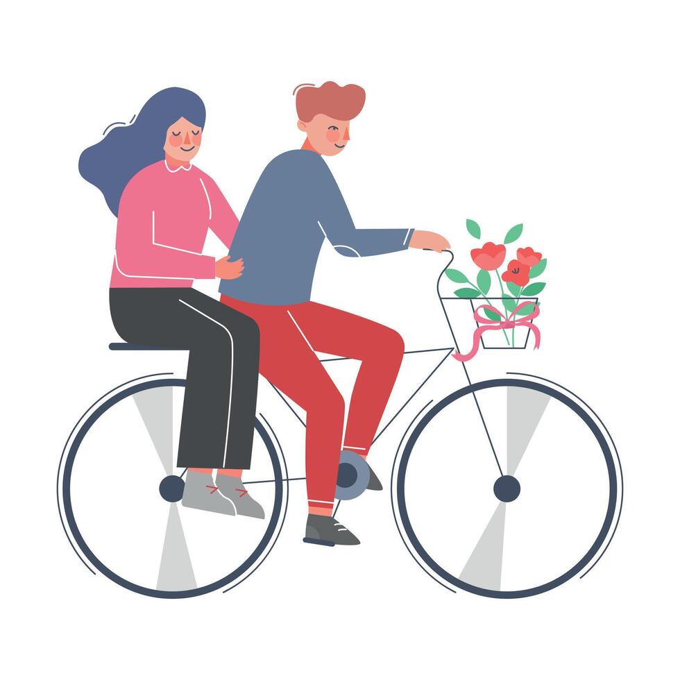 Happy Romantic Couple Riding Bike with Bouquet of Flowers in Basket, Girlfriend Sitting on Trunk of Bicycle Illustration vector