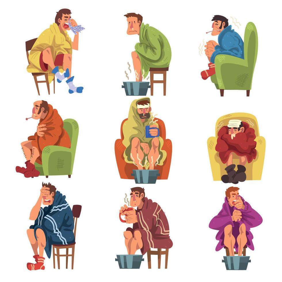 Unhappy Sick People Wrapped Plaids Collection, Men and Women with Flu Heating their Feet in Basin with Hot Water, Measuring Temperature with Thermometer Cartoon Illustration vector