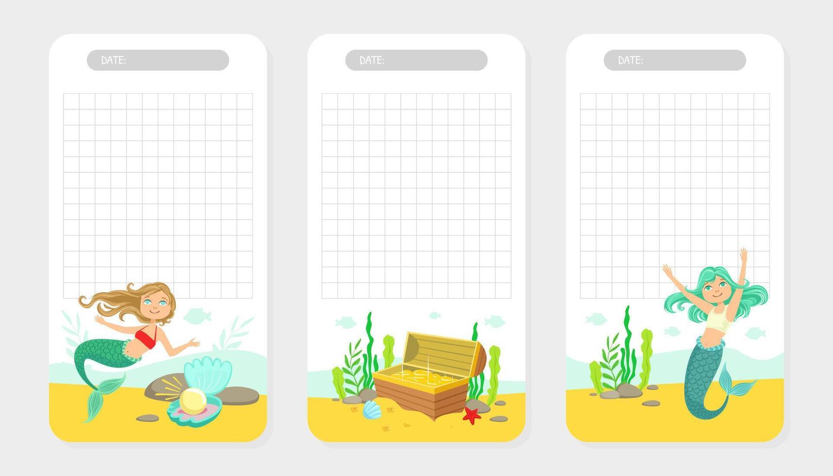 Collection of Pages for Notes with Cute Little Fairytale Mermaids, Treasures in Chest, Pearl in the Shell Illustration vector