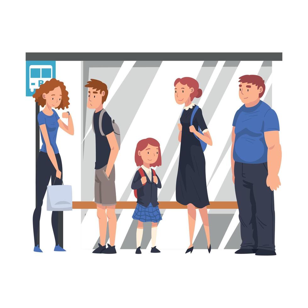 Group of Diverse People Waiting for Bus at Bus Stop, Passengers Spending Time in Expectation Cartoon Illustration vector