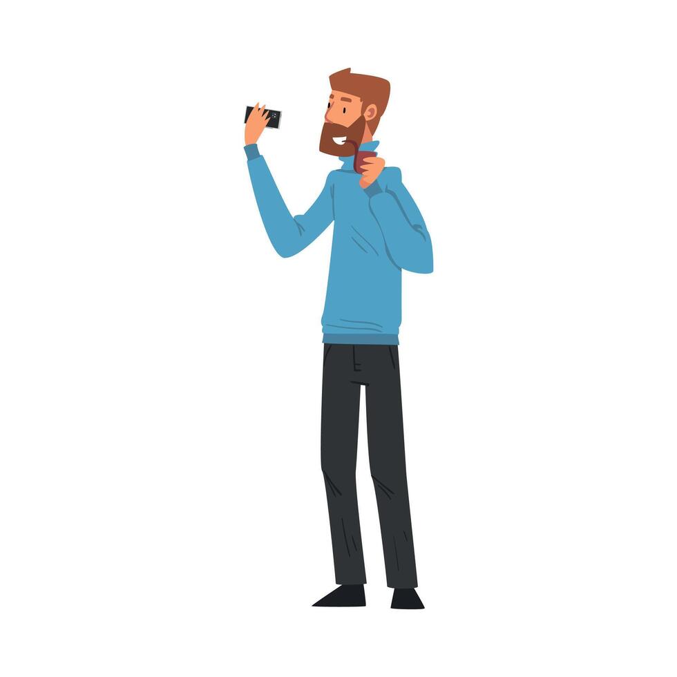 Smiling Bearded Man Smoking Pipe Taking Selfie Photo, Male Hipster Character Photographing Himself with Smartphone Cartoon Illustration vector