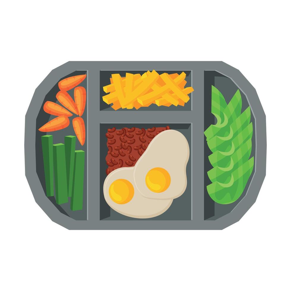Meal Tray Filled with Fried Egg, French Fries and Vegetables, Healthy Food For Kids And Students, View from Above Flat Illustration vector