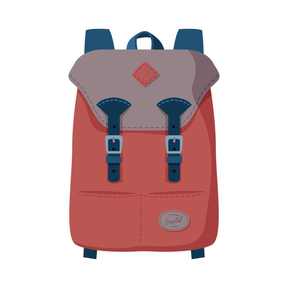 Brown Backpack, Front View of Travel Bag for Backpacking Flat Style Illustration on White Background vector