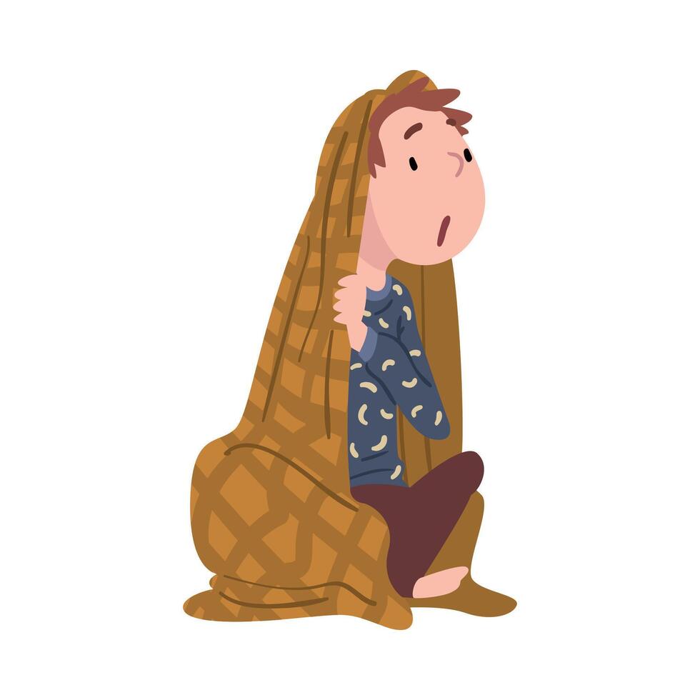 Cute Boy Sitting under Blanket, Adorable Curiosity Child Character Cartoon Style Illustration on White Background vector