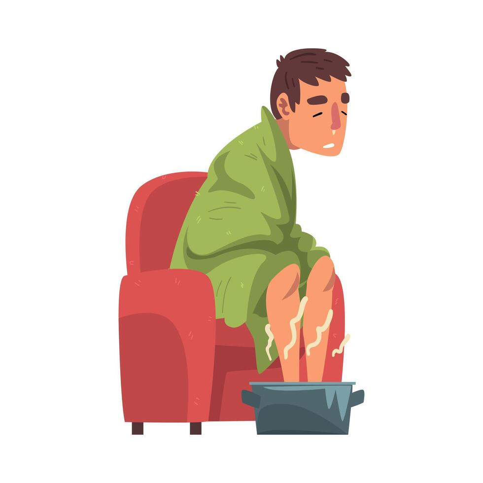 Sick Man Sitting under Green Plaid, Guy with Flu Heating his Feet in Basin with Hot Water Cartoon Illustration on White Background vector