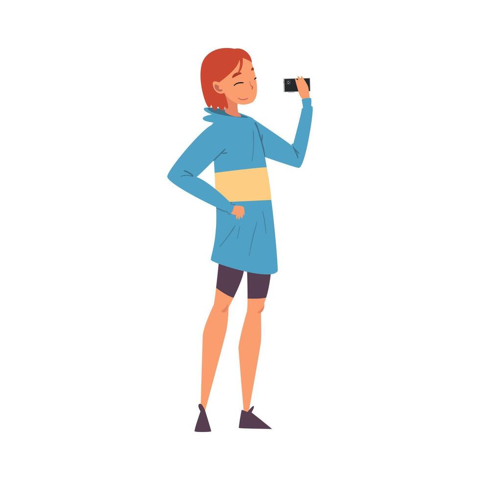 Smiling Girl Taking Selfie Photo, Female Character Photographing Herself with Smartphone Cartoon Illustration vector