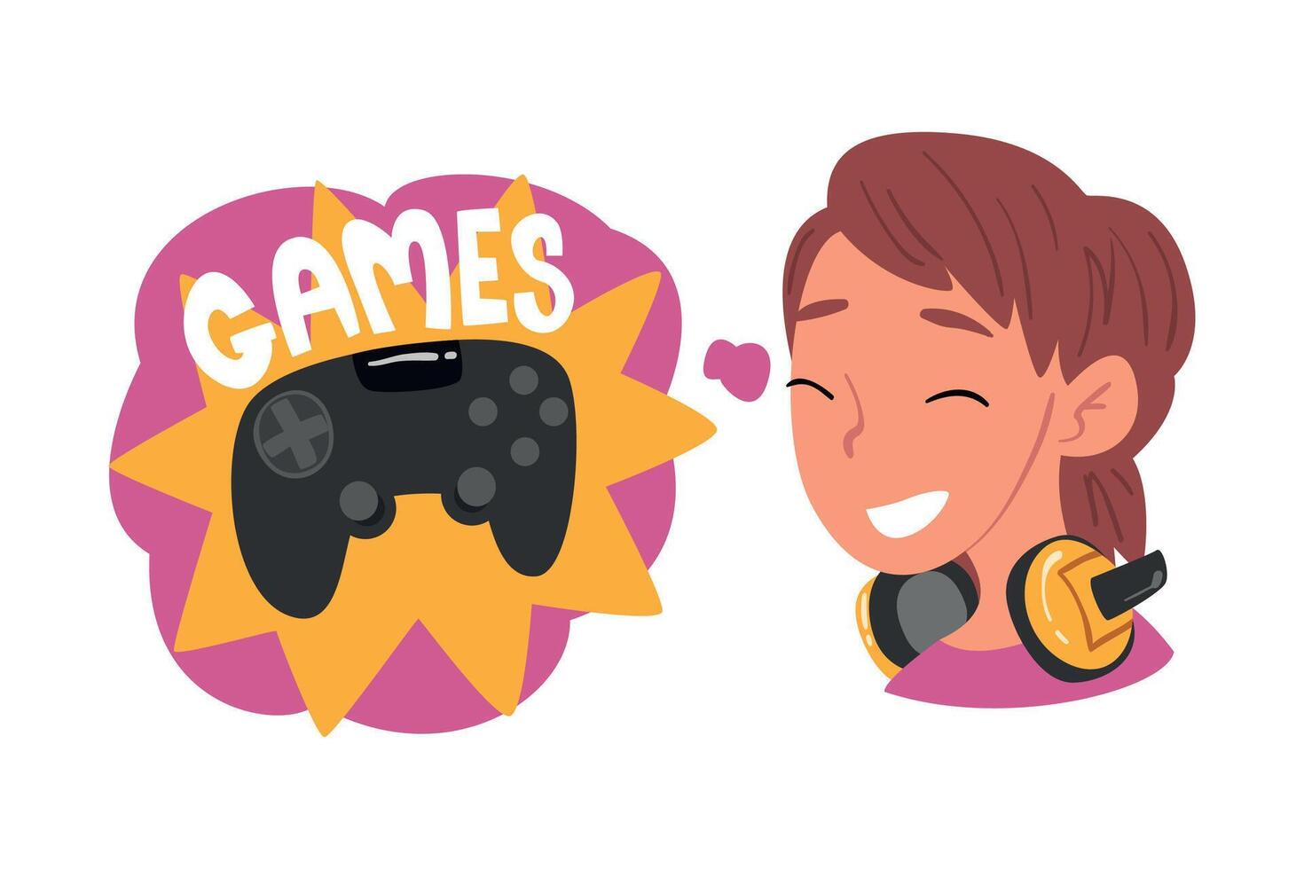 Girl Dreaming about Computer Games, Human Thoughts and Needs Cartoon Style Illustration on White Background vector