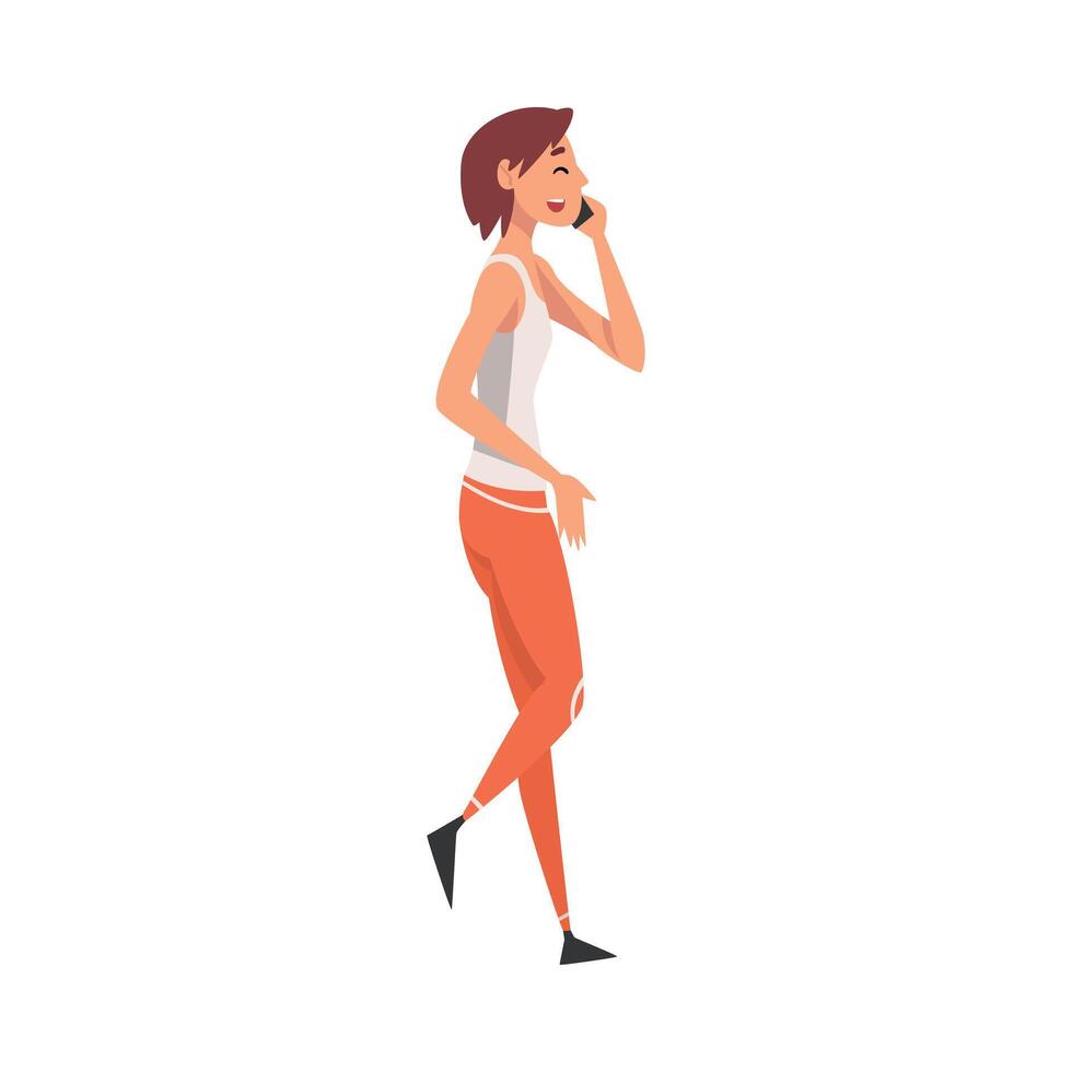 Girl Talking on Mobile Phone While Walking, Young Woman Using Digital Gadget Illustration vector