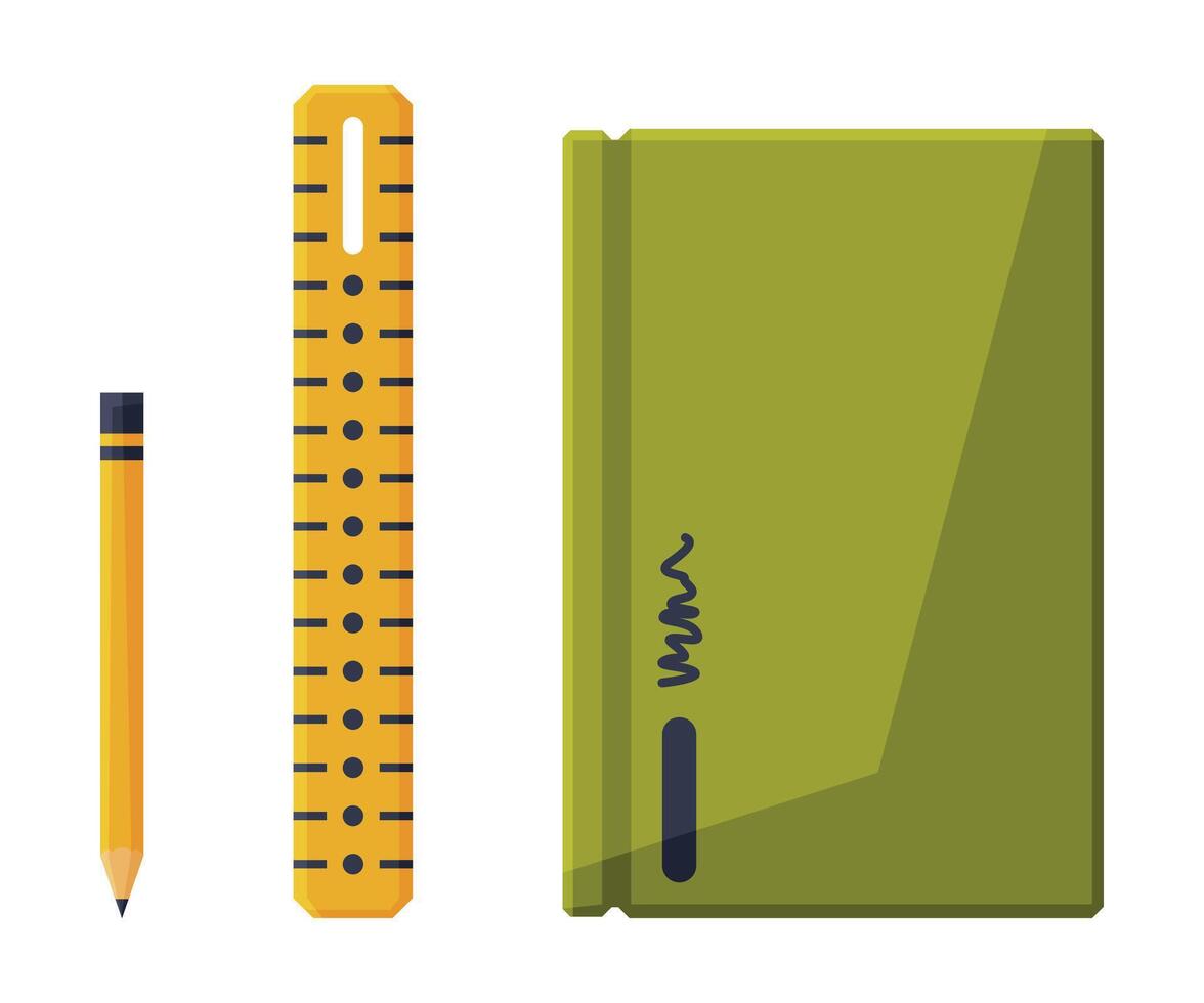Notebook with Pencil and Ruler, Stationery Supplies Flat Style Illustration on White Background vector