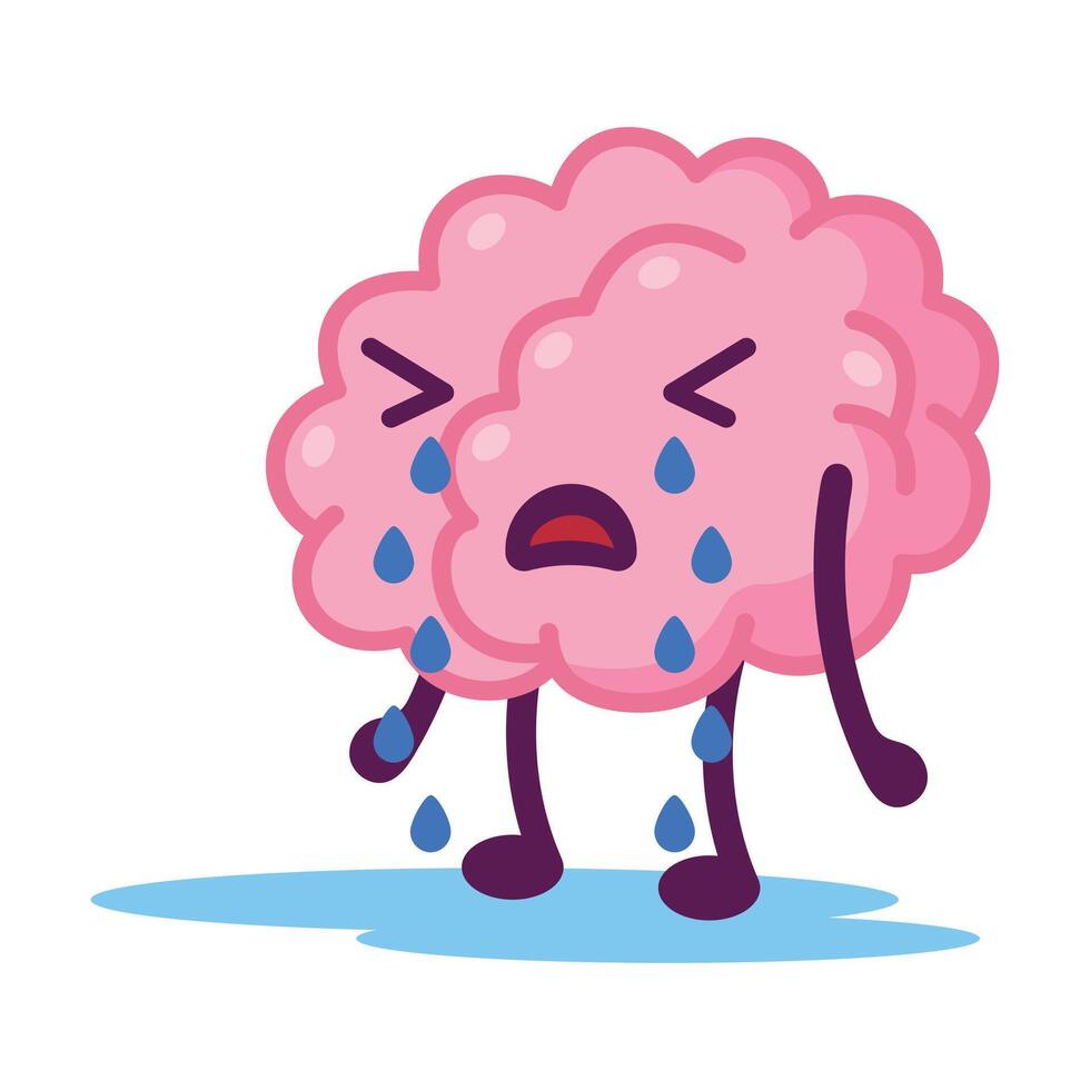 Unhappy Pink Brain Crying, Funny Human Nervous System Organ Cartoon Character Illustration on White Background vector