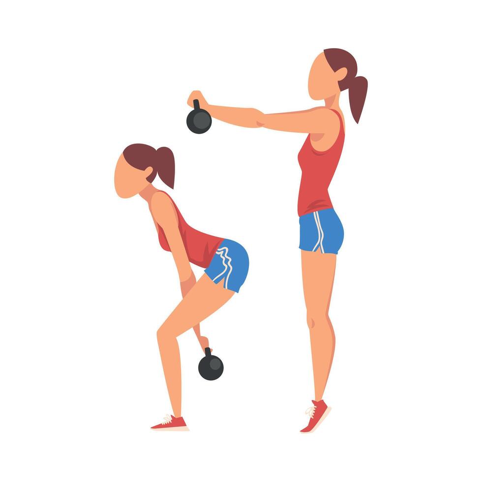 Woman Doing Squats with Kettlebell in Two Steps, Girl Doing Sports Firming her Body, Buttock Workout Illustration Isolated on White Background vector