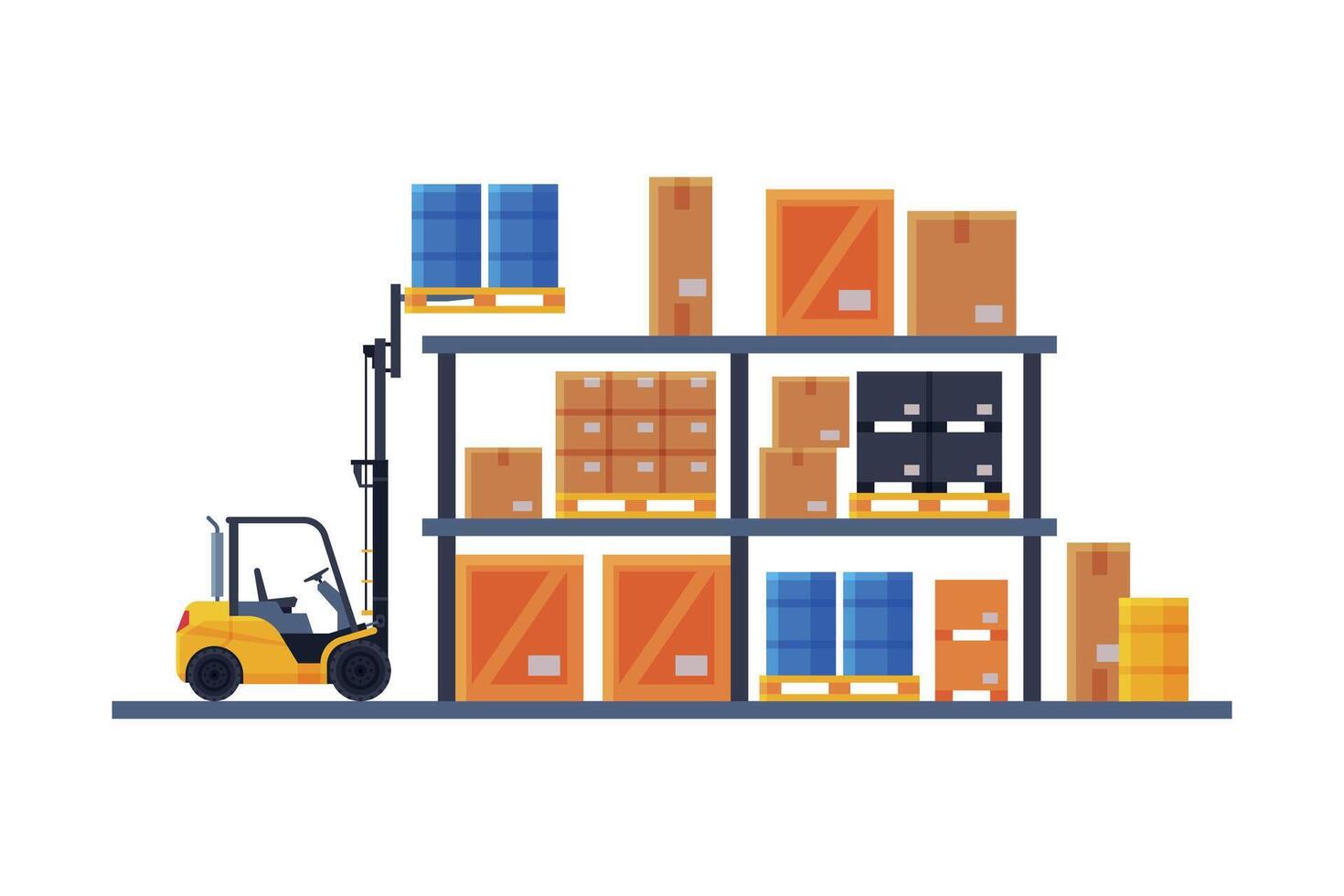Warehouse Interior, Shelves with Cardboard Boxes and Forklift Flat Style Illustration Isolated on White Background vector