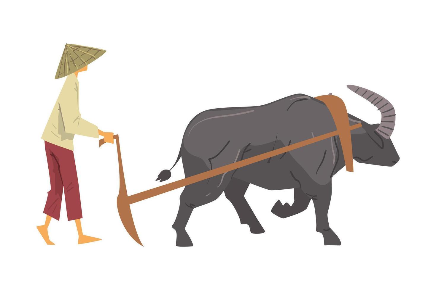Asian Farmer in Straw Conical Hat Plowing with Oxen, Male Peasants Character Working on Paddy Field Cartoon Style Illustration vector