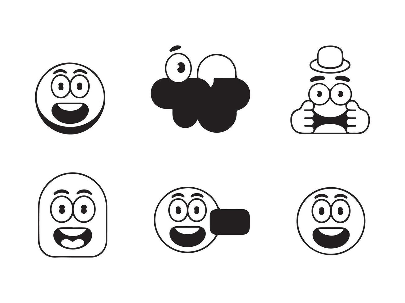 Collection of black and white cartoon emoticon faces expressing various emotions. vector