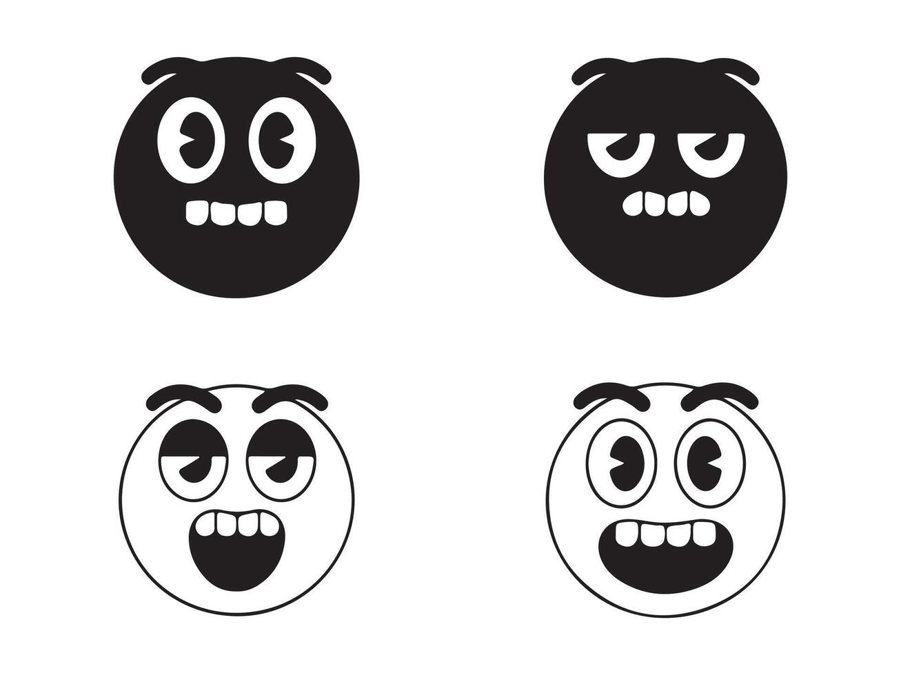 Four Cartoon Emoji Faces Displaying Different Emotions in Black and White vector