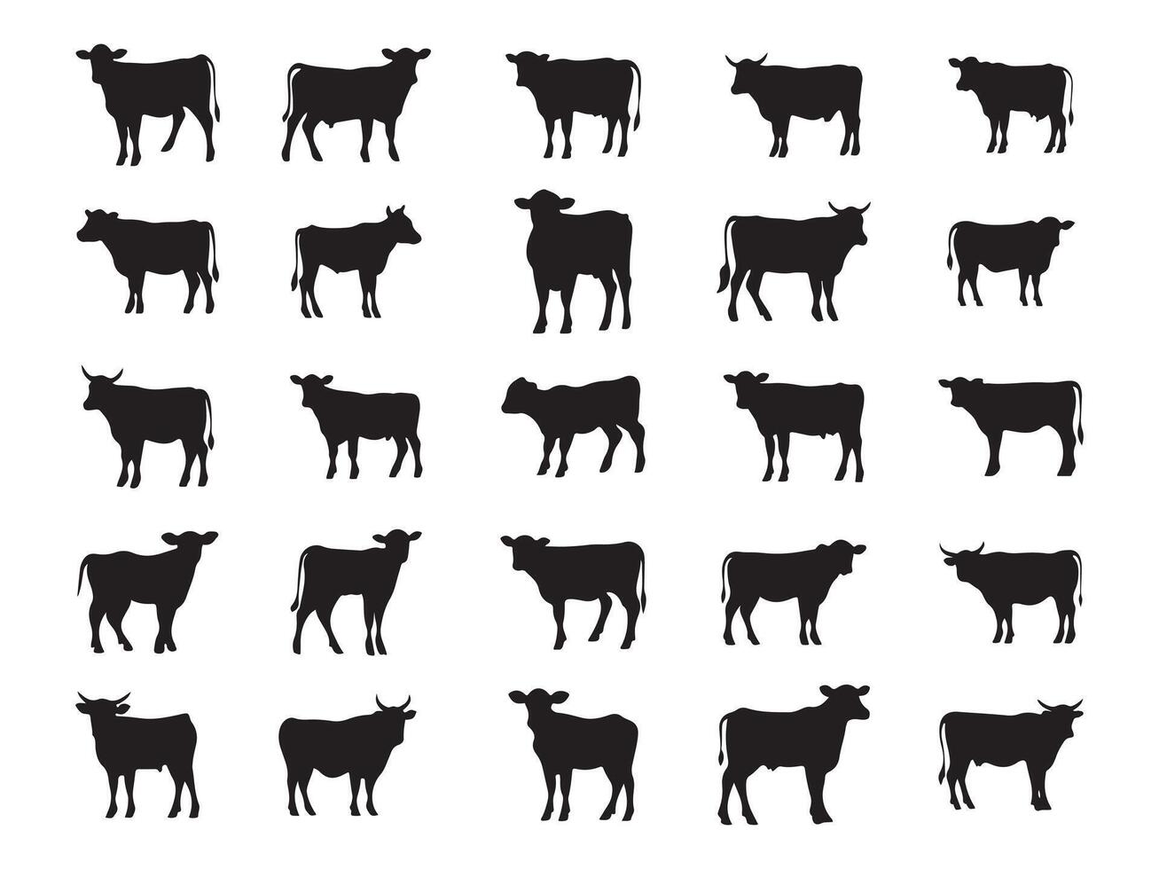 Simple Black and White Silhouettes of Various Cattle vector