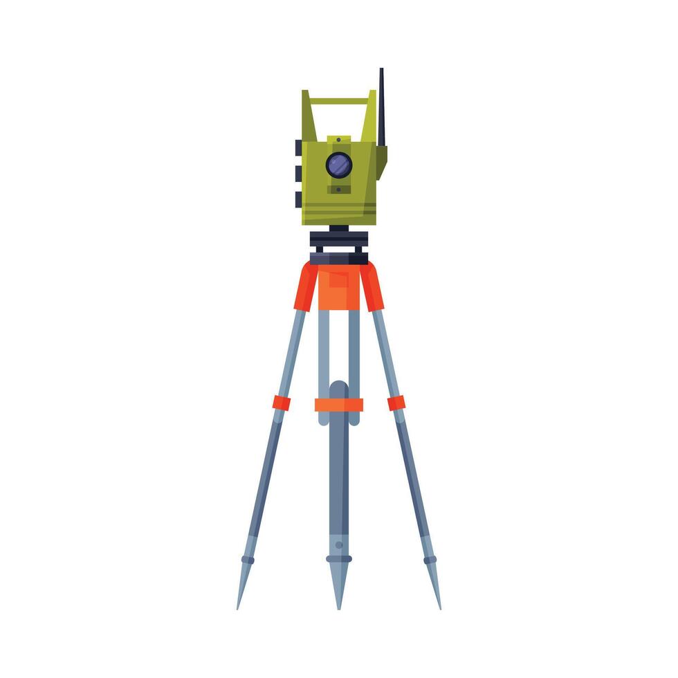 Theodolite on Tripod, Geodetic Equipment, Measuring Instrument Flat Style Illustration on White Background vector