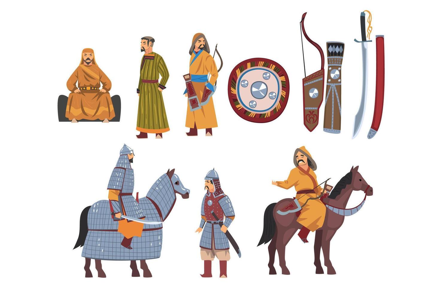 Mongol Nomad Warriors in Traditional Clothing with Weapon Collection, Central Asian Characters Illustration vector