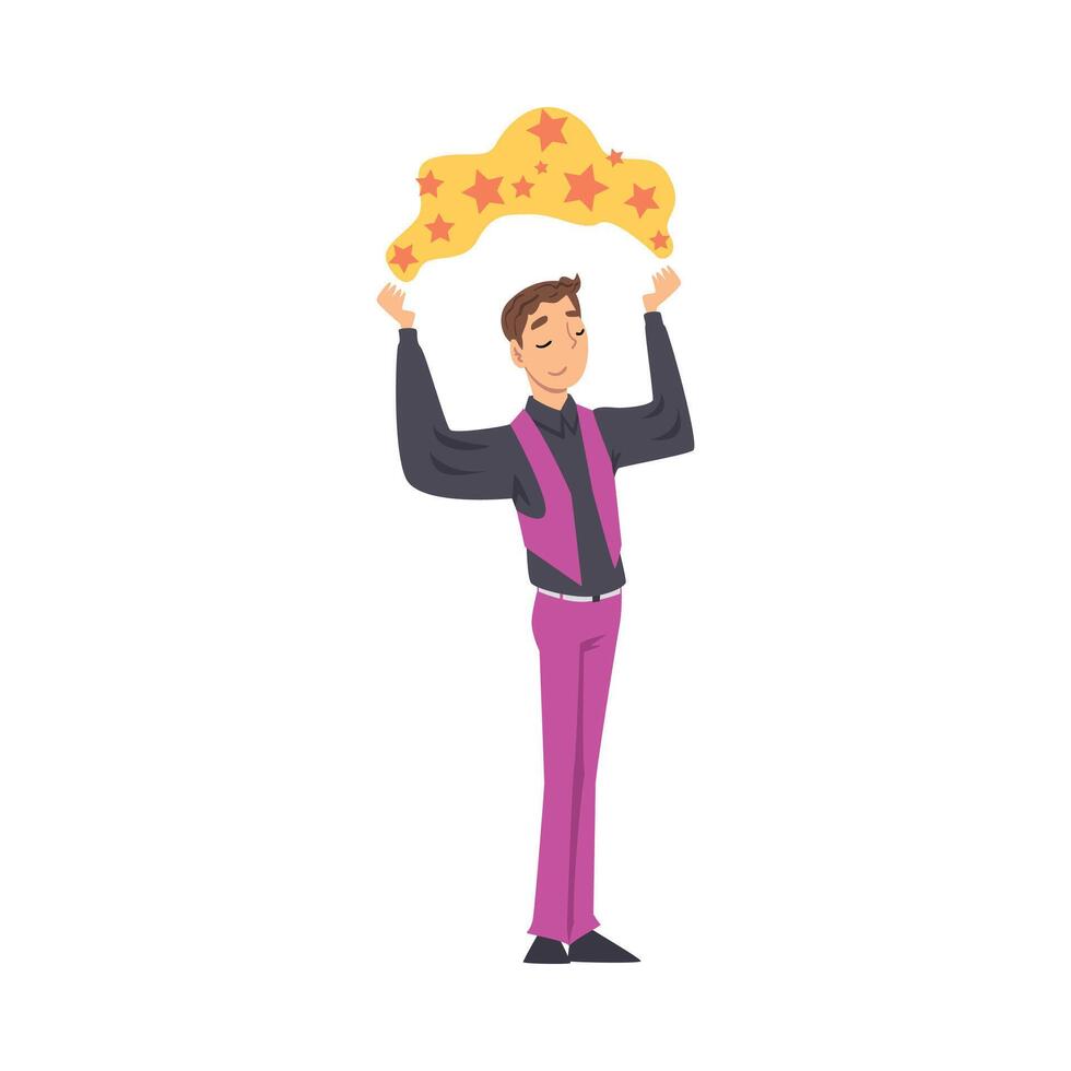Magician Doing Tricks, Male Illusionist Character Performing at Magic Show Cartoon Style Illustration vector
