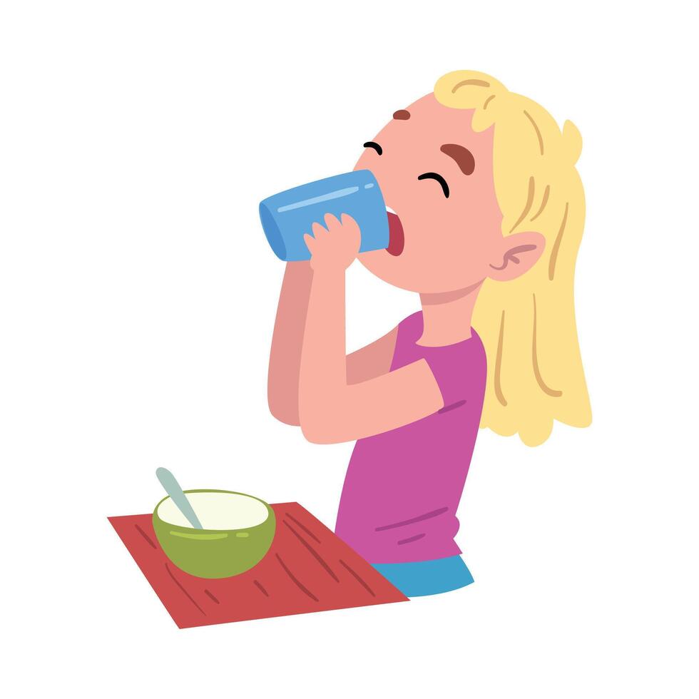 Girl Eating Breakfast at the Table, Cute Child Daily Routine Activity Cartoon Style Illustration on White Background vector