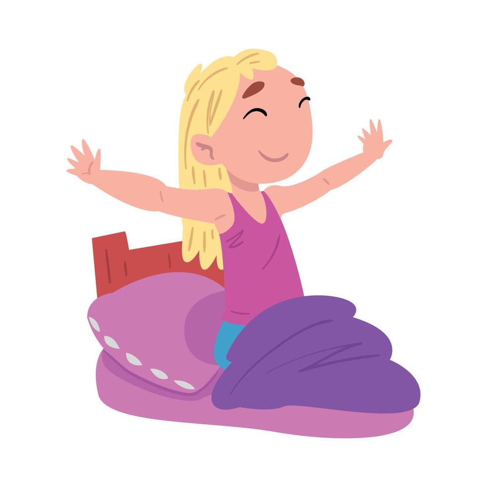 Girl Waking Up, Cute Child Daily Routine Activity Cartoon Style Illustration on White Background vector
