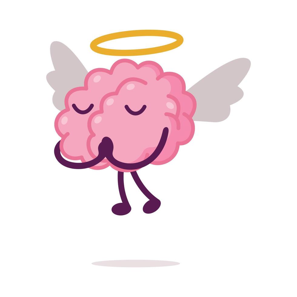 Angel Brain with Halo above its Head and Wings, Funny Human Nervous System Organ Cartoon Character Illustration on White Background vector