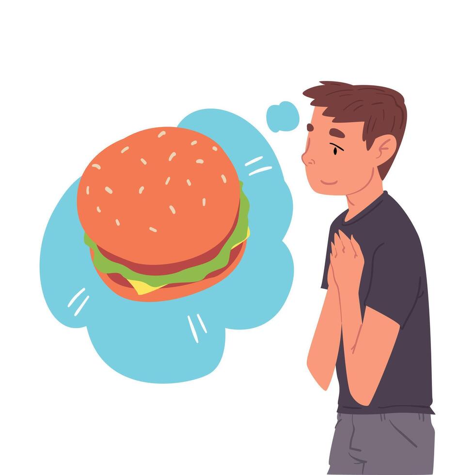Young Man Dreaming about Burger, Human Thoughts and Needs Cartoon Style Illustration on White Background vector