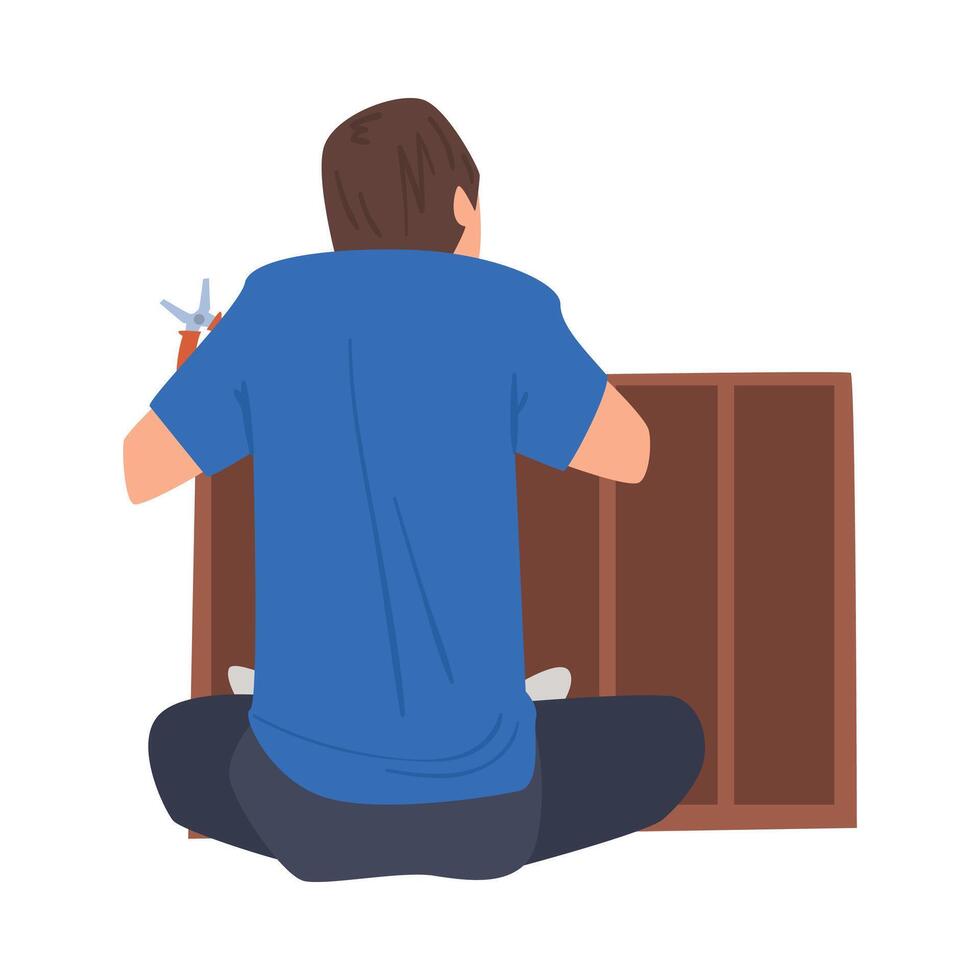 Man Assembling and Installing New Furniture, Home Renovation, Male Construction Worker Character with Professional Equipment Illustration vector