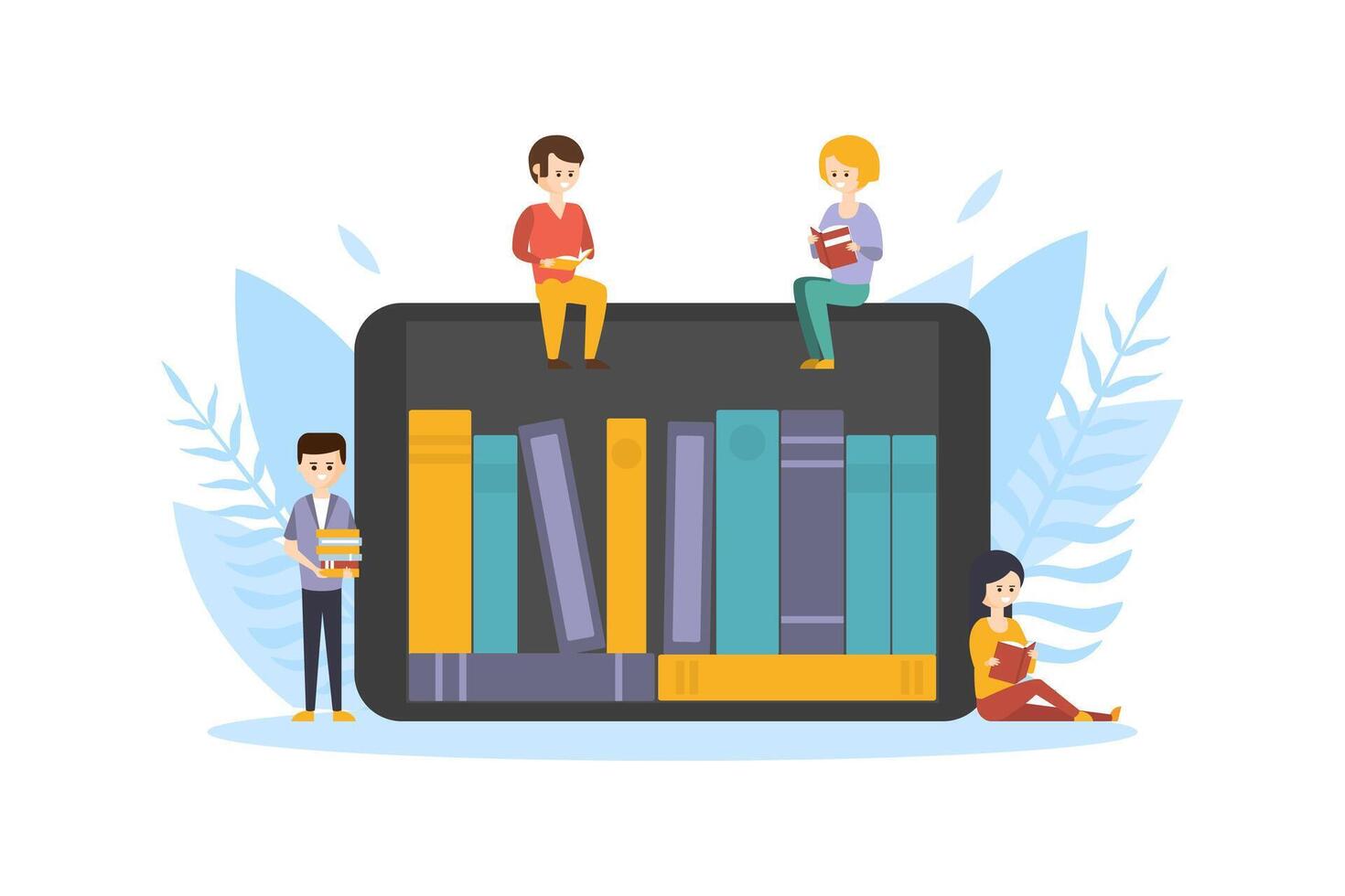 Online Electronic Library, Internet Bookstore, Tiny People Sitting on Tablet with Bookshelves on Screen and Reading Books Flat Illustration vector