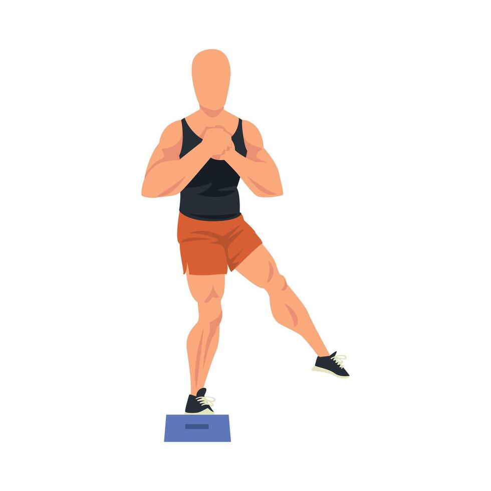Man Doing Glute Exercise Using Steps Platform, Male Athlete Doing Sports for Fit Body, Buttock Workout Illustration on White Background vector