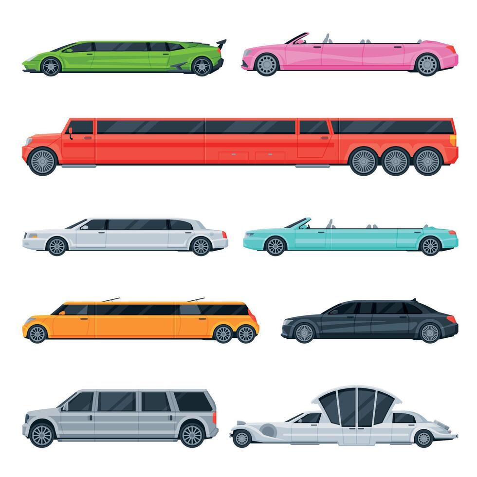 Retro and Modern Limousine Cars Collection, Elegant Premium Luxurious Limo Vehicles, Side View Flat Illustration vector