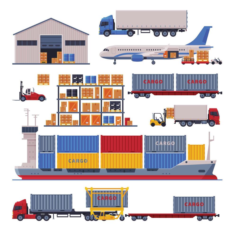Warehouse Logistic and Delivery Set, Storage Building and Cargo Transportation Vehicles Flat Style Illustration on White Background vector